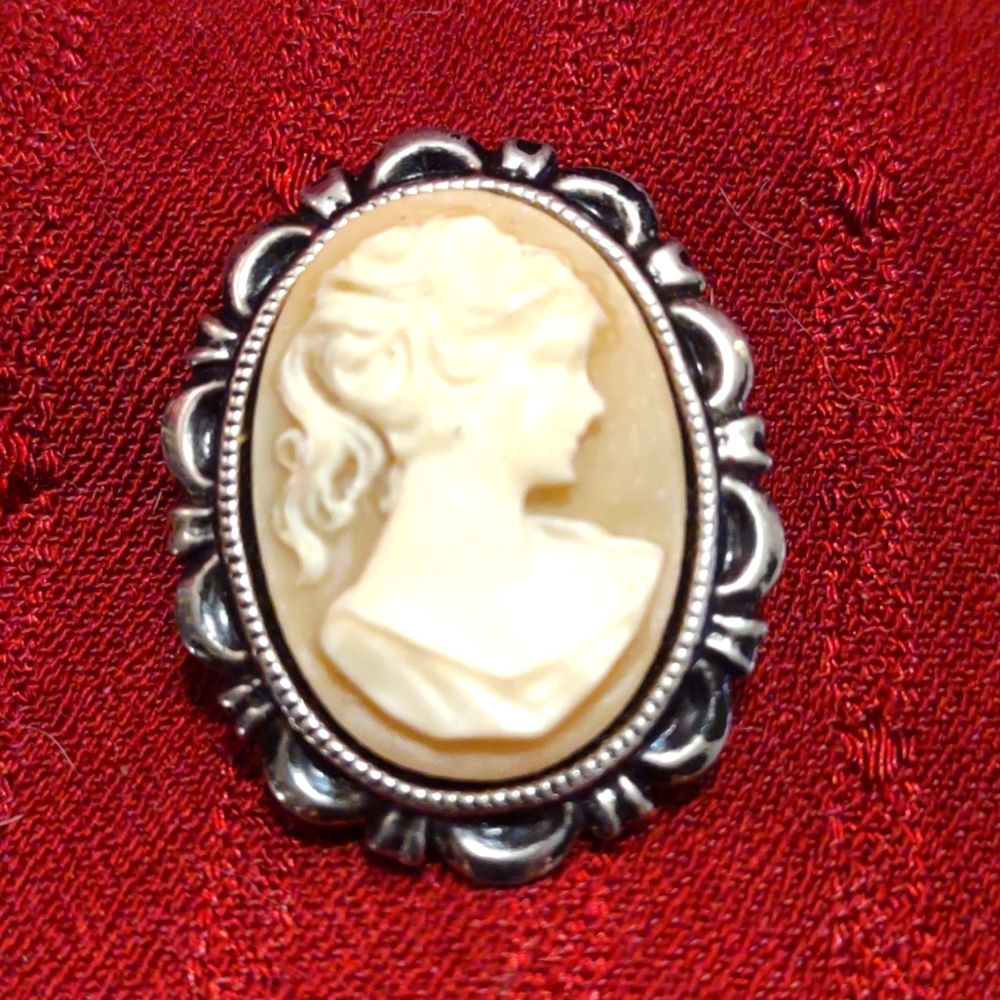 Beautiful vintage silver tan~white cameo brooch
